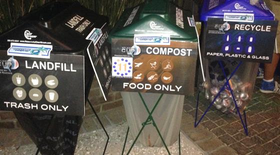Three bins, trash, compost, recycling