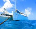 Sailing and research vessel Borandá on her mooring just off Rocas Atoll – but she won’t rest for long. The vessel acts as a ferry for scientists, helping rotate crews back and forth from the mainland for their 28-day studies on the atoll. Photo credit: Barbara Pinheiro Rocas Atoll, research vessel, sailing vessel, Borandá