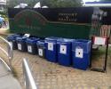 Recycling barrels lined up on Mackinac Island waiting for sailors to arrive. Chicago Yacht Club’s Race to Mackinac, recycling at regattas, recycling Mackinac Island, sailing sustainably, Chicago Yacht Club, Clean regattas