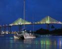 The view from the back deck of Borandá while she sits on her mooring ball just beneath the Newton Navarro Bridge in Natal. Photo credit: Barbara Pinheiro Borandá, catamaran, Newton Navarro Bridge in Natal,